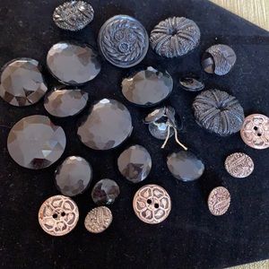 Antique Black Faceted Buttons and Decorative Silver Buttons. Lot of 25.